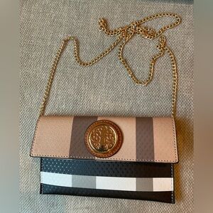 Striped Pink & Brown Chain Crossbody with Gold Emblem